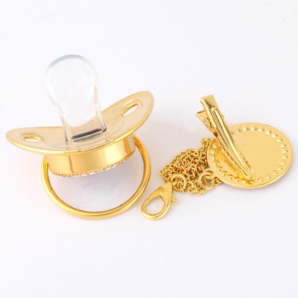 26 Name Initial Letter Baby Pacifier and Pacifier Clips BPA Free Silicone Infant Nipple Gold Bling Newborn Dummy Soother - ItemBear.com