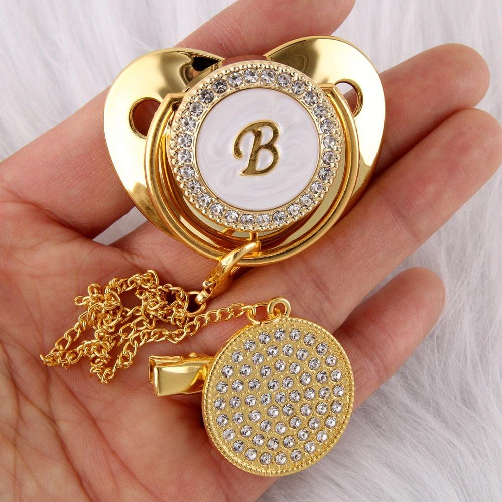 26 Name Initial Letter Baby Pacifier and Pacifier Clips BPA Free Silicone Infant Nipple Gold Bling Newborn Dummy Soother - ItemBear.com
