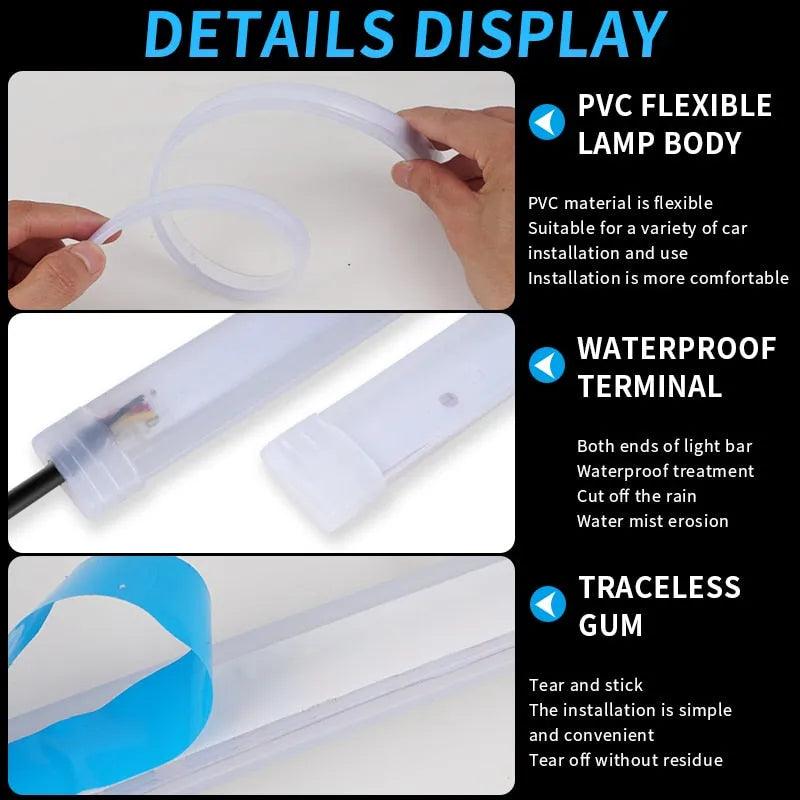 2pcs LED DRL Car Daytime Running Light Flexible Waterproof Strip Auto Headlights White Turn Signal Yellow Brake Flow Lights 12V - ItemBear.com