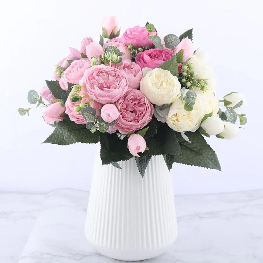 30cm Rose Pink Silk Peony Artificial Flowers Bouquet 5 Big Head and 4 Bud Cheap Fake Flowers for Home Wedding Decoration indoor - ItemBear.com