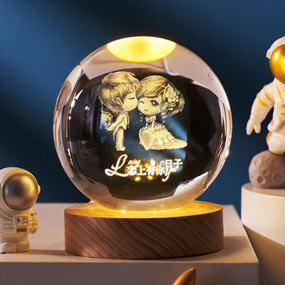 3D inner carved luminous crystal ball creative decoration cosmic whale moon astronaut galaxy birthday gift - ItemBear.com