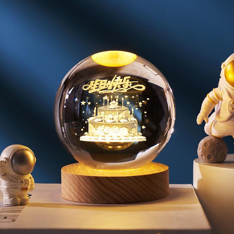 3D inner carved luminous crystal ball creative decoration cosmic whale moon astronaut galaxy birthday gift - ItemBear.com