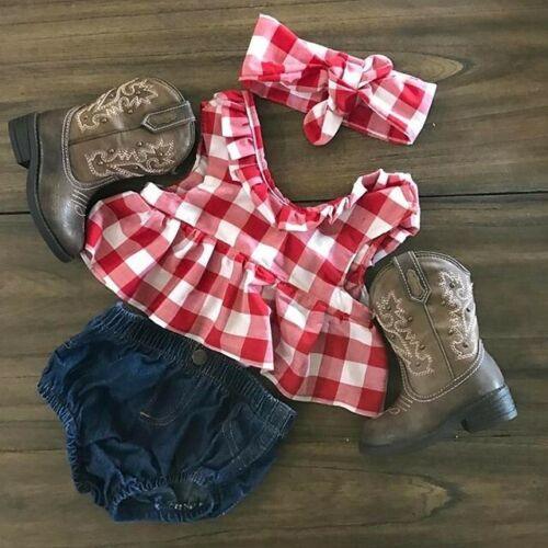 3pcs Infant Baby Girl Plaid Vest Tops Dress+Denim Pants+Headband Outfits Clothes - ItemBear.com