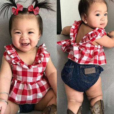 3pcs Infant Baby Girl Plaid Vest Tops Dress+Denim Pants+Headband Outfits Clothes - ItemBear.com