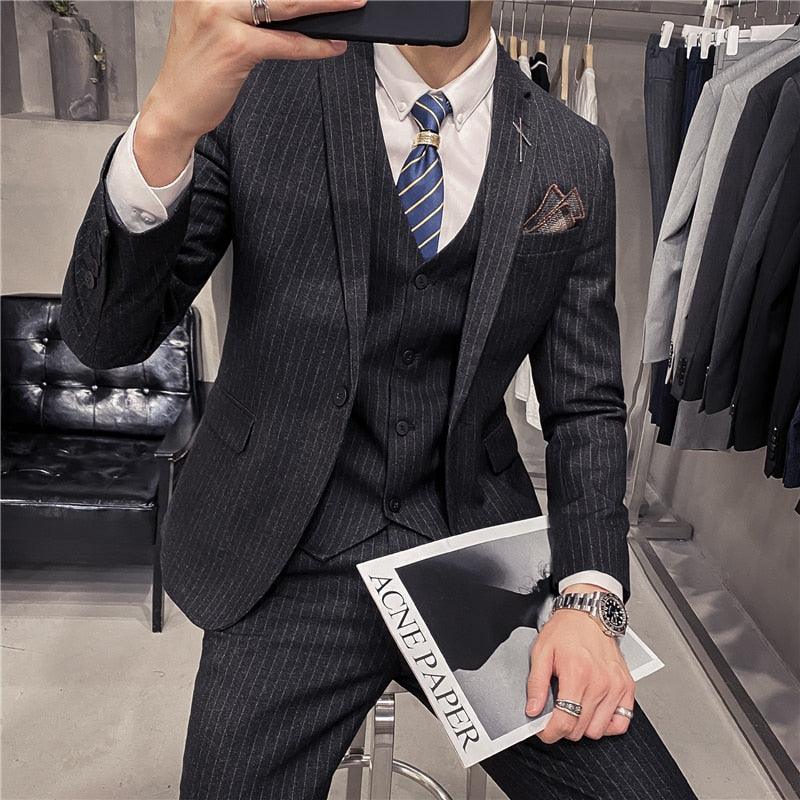 6XL 7XL (Jackets+Vest+Pants) Male Korean Blazers Slim Check British Business Suit Men Three Piece Wedding Bridegroom Man Dress - ItemBear.com