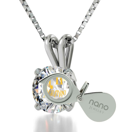 925 Sterling Silver Gemini Necklace Zodiac Pendant 24k Gold Inscribed on Crystal - ItemBear.com