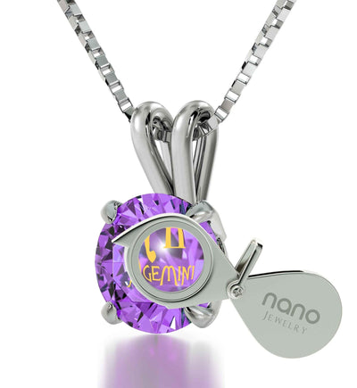 925 Sterling Silver Gemini Necklace Zodiac Pendant 24k Gold Inscribed on Crystal - ItemBear.com