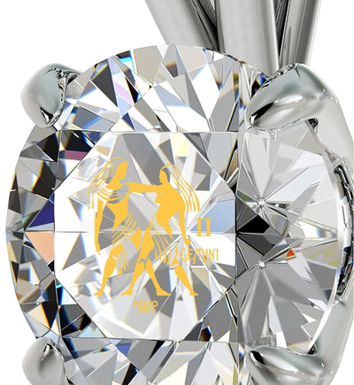 925 Sterling Silver Gemini Necklace Zodiac Pendant 24k Gold Inscribed on Crystal - ItemBear.com