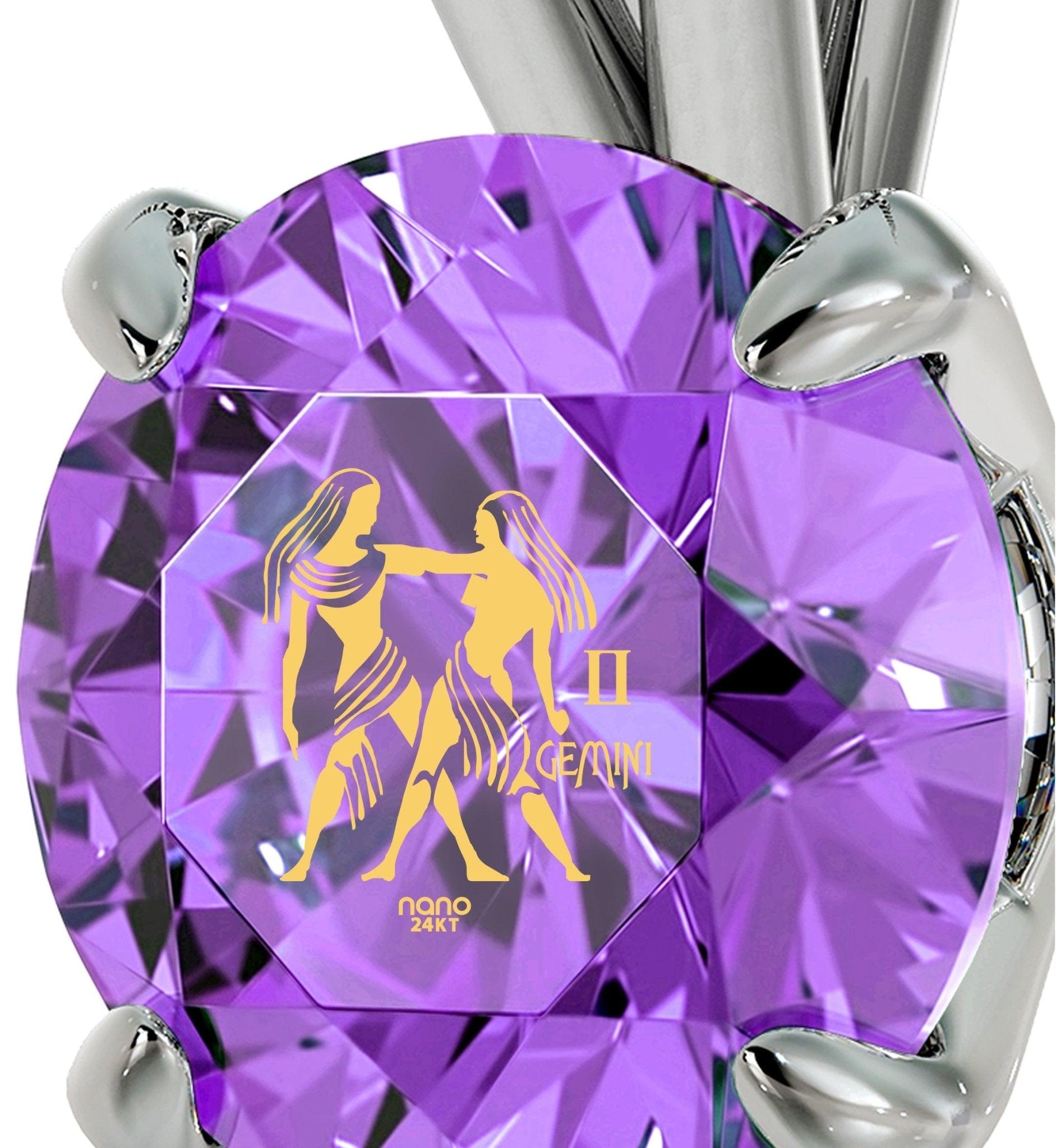 925 Sterling Silver Gemini Necklace Zodiac Pendant 24k Gold Inscribed on Crystal - ItemBear.com
