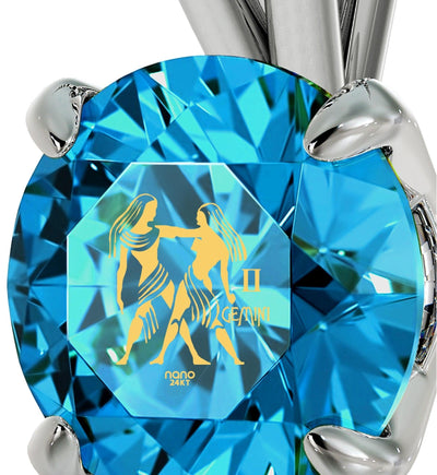 925 Sterling Silver Gemini Necklace Zodiac Pendant 24k Gold Inscribed on Crystal - ItemBear.com