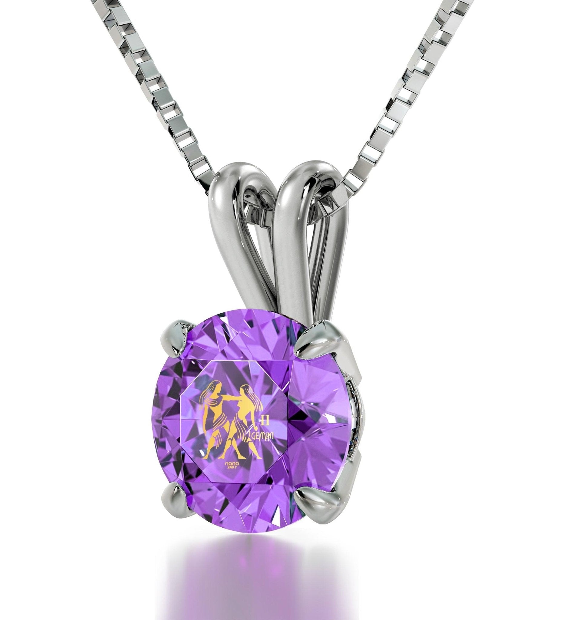 925 Sterling Silver Gemini Necklace Zodiac Pendant 24k Gold Inscribed on Crystal - ItemBear.com