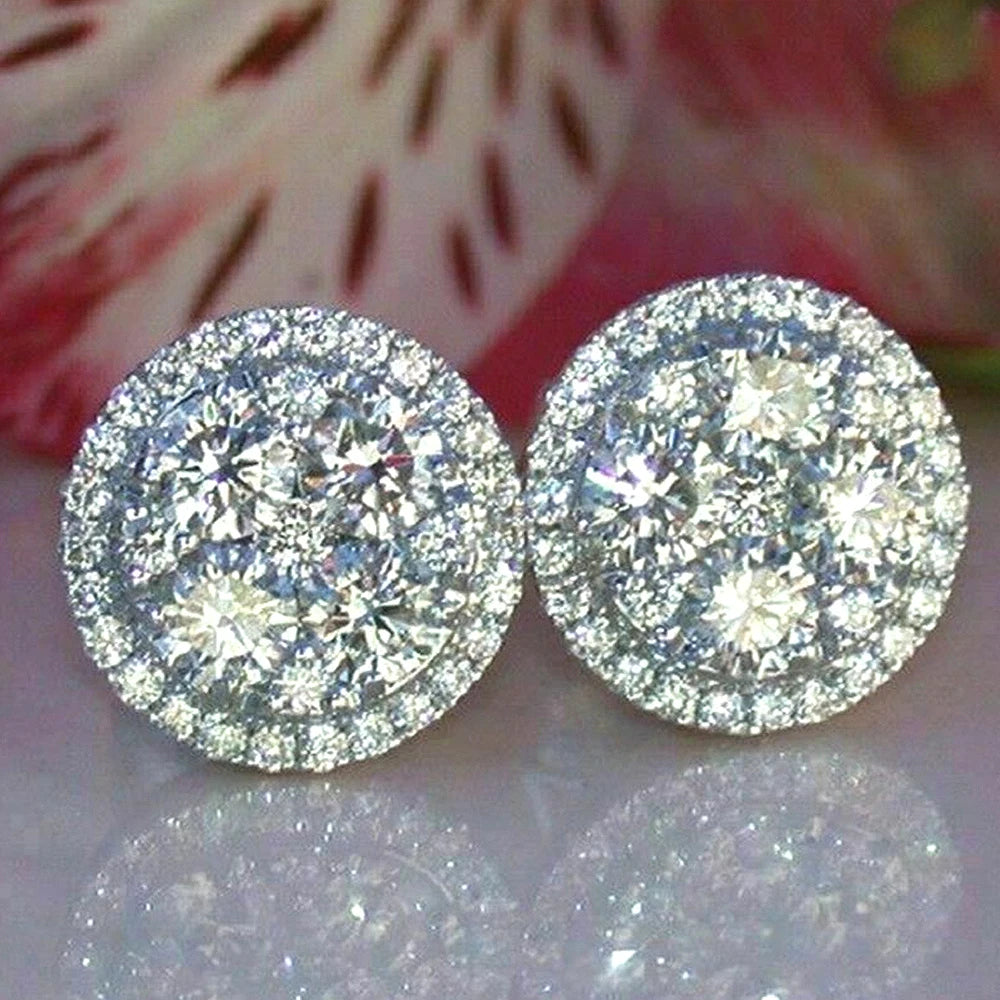 Huitan Full Paved CZ Stud Earrings for Women Round Shaped Simple Versatile Bling Cubic Zirconia Earrings Statement Jewelry Gift