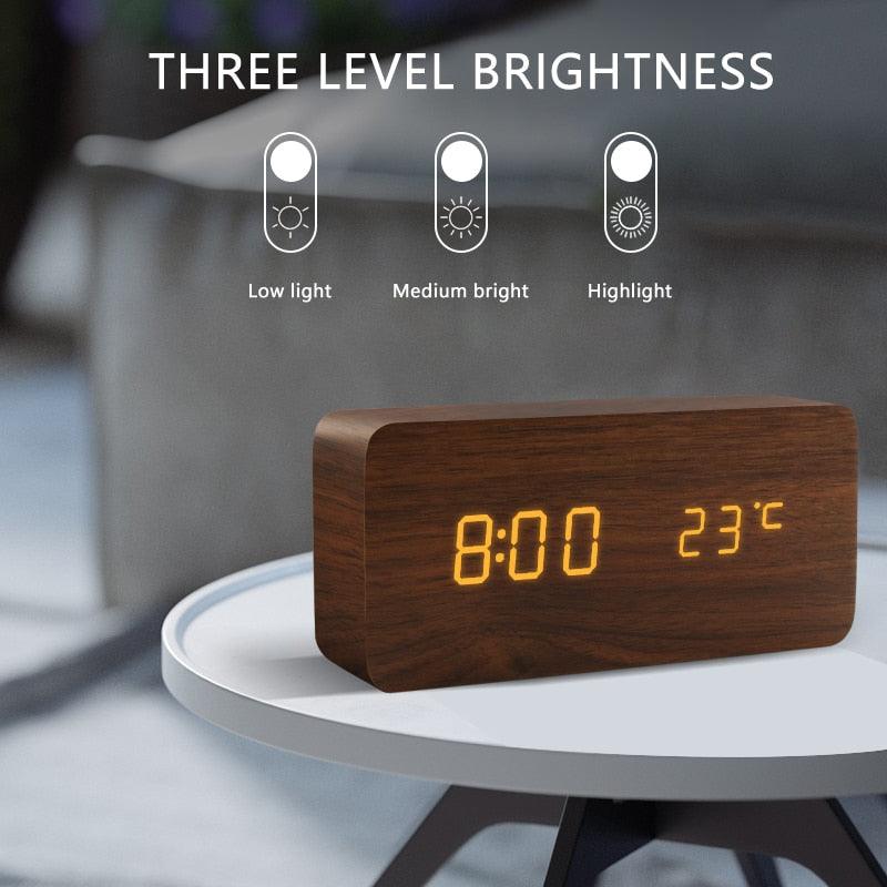 Alarm Clock LED Wooden Watch Table Voice Control Digital Wood Despertador USB/AAA Powered Electronic Desktop Clocks - ItemBear.com