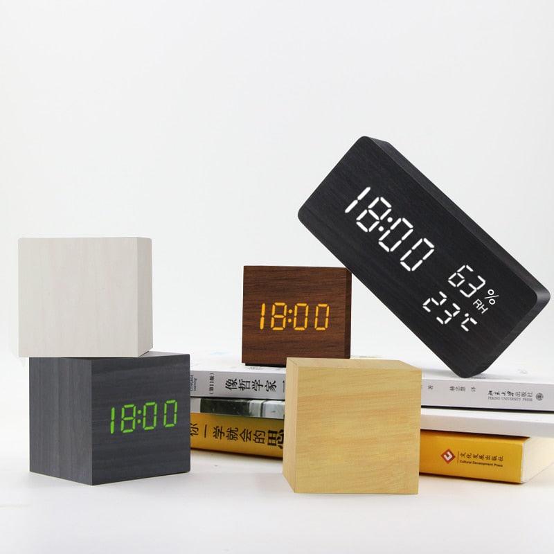 Alarm Clock LED Wooden Watch Table Voice Control Digital Wood Despertador USB/AAA Powered Electronic Desktop Clocks - ItemBear.com