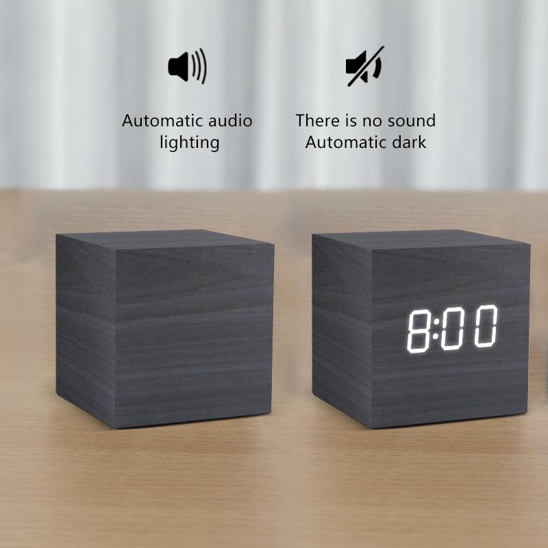 Alarm Clock LED Wooden Watch Table Voice Control Digital Wood Despertador USB/AAA Powered Electronic Desktop Clocks - ItemBear.com