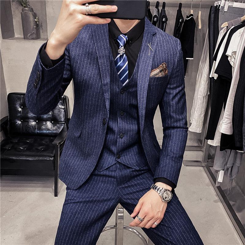 Autumn and winter new business suit suit Korean style slim fashion striped wedding banquet men's suit three - piece suit - ItemBear.com