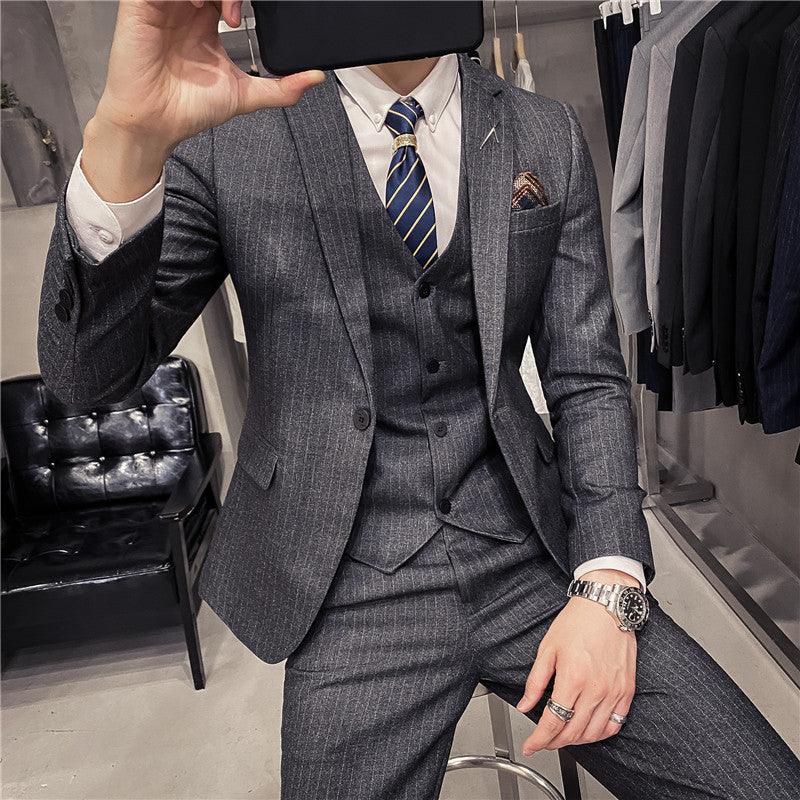 Autumn and winter new business suit suit Korean style slim fashion striped wedding banquet men's suit three - piece suit - ItemBear.com