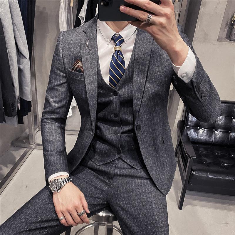 Autumn and winter new business suit suit Korean style slim fashion striped wedding banquet men's suit three - piece suit - ItemBear.com