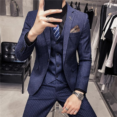 Autumn and winter new business suit suit Korean style slim fashion striped wedding banquet men's suit three - piece suit - ItemBear.com