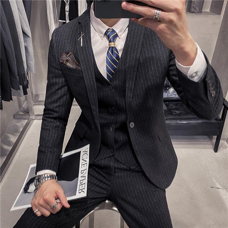 Autumn and winter new business suit suit Korean style slim fashion striped wedding banquet men's suit three - piece suit - ItemBear.com