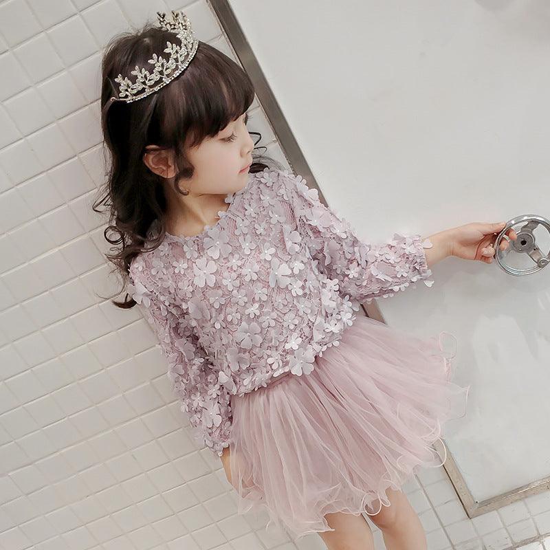 autumn new girls' long - sleeved dress children's wear beautiful princess skirt three - dimensional petal fluffy mesh skirt - ItemBear.com
