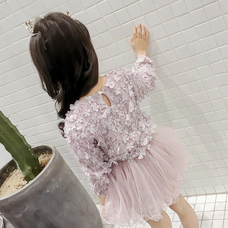 autumn new girls' long - sleeved dress children's wear beautiful princess skirt three - dimensional petal fluffy mesh skirt - ItemBear.com