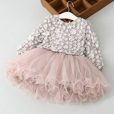 autumn new girls' long - sleeved dress children's wear beautiful princess skirt three - dimensional petal fluffy mesh skirt - ItemBear.com