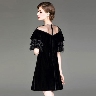 Autumn new women beaded mesh round neck velvet dress ostrich feather lotus leaf sleeve dresses - ItemBear.com