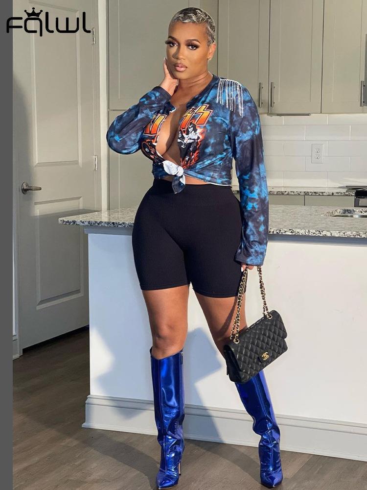 Bandage Print Blue Long Sleeve Tees - ItemBear.com
