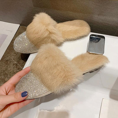 Big Size Slippers Female Ladies Designer Shoes Women Luxury 2023 Rhinestone Fur Crystal Slides Mules Slippers Furry Lady Shoes - ItemBear.com