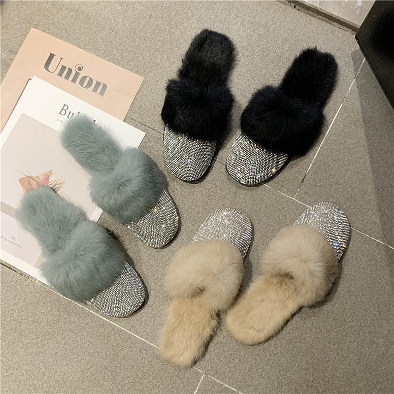 Big Size Slippers Female Ladies Designer Shoes Women Luxury 2023 Rhinestone Fur Crystal Slides Mules Slippers Furry Lady Shoes - ItemBear.com