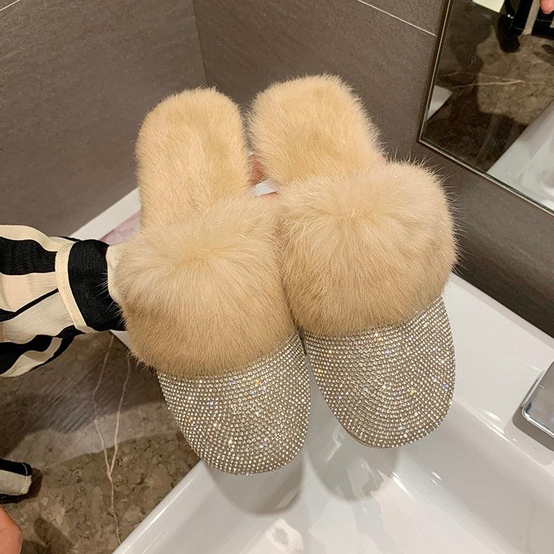 Big Size Slippers Female Ladies Designer Shoes Women Luxury 2023 Rhinestone Fur Crystal Slides Mules Slippers Furry Lady Shoes - ItemBear.com