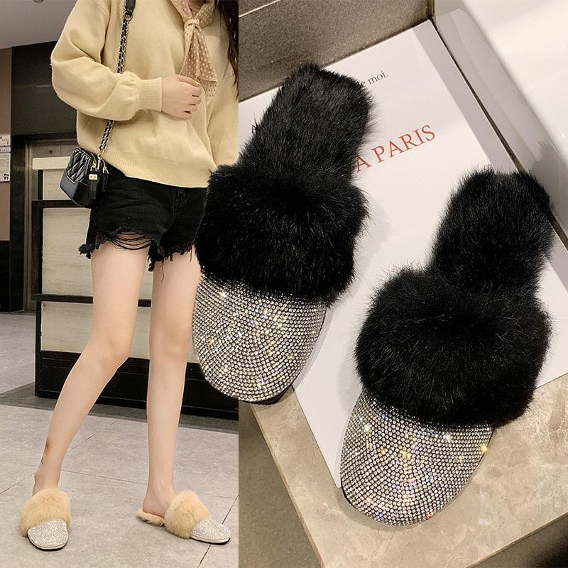 Big Size Slippers Female Ladies Designer Shoes Women Luxury 2023 Rhinestone Fur Crystal Slides Mules Slippers Furry Lady Shoes - ItemBear.com