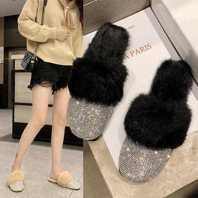 Big Size Slippers Female Ladies Designer Shoes Women Luxury 2023 Rhinestone Fur Crystal Slides Mules Slippers Furry Lady Shoes - ItemBear.com