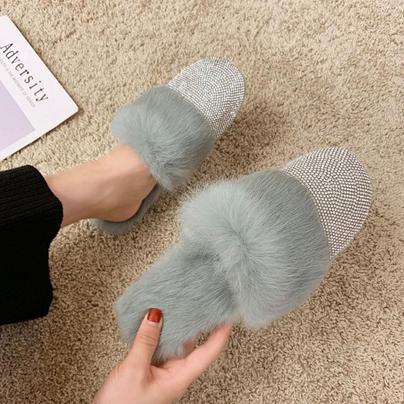Big Size Slippers Female Ladies Designer Shoes Women Luxury 2023 Rhinestone Fur Crystal Slides Mules Slippers Furry Lady Shoes - ItemBear.com