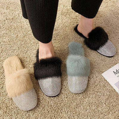 Big Size Slippers Female Ladies Designer Shoes Women Luxury 2023 Rhinestone Fur Crystal Slides Mules Slippers Furry Lady Shoes - ItemBear.com