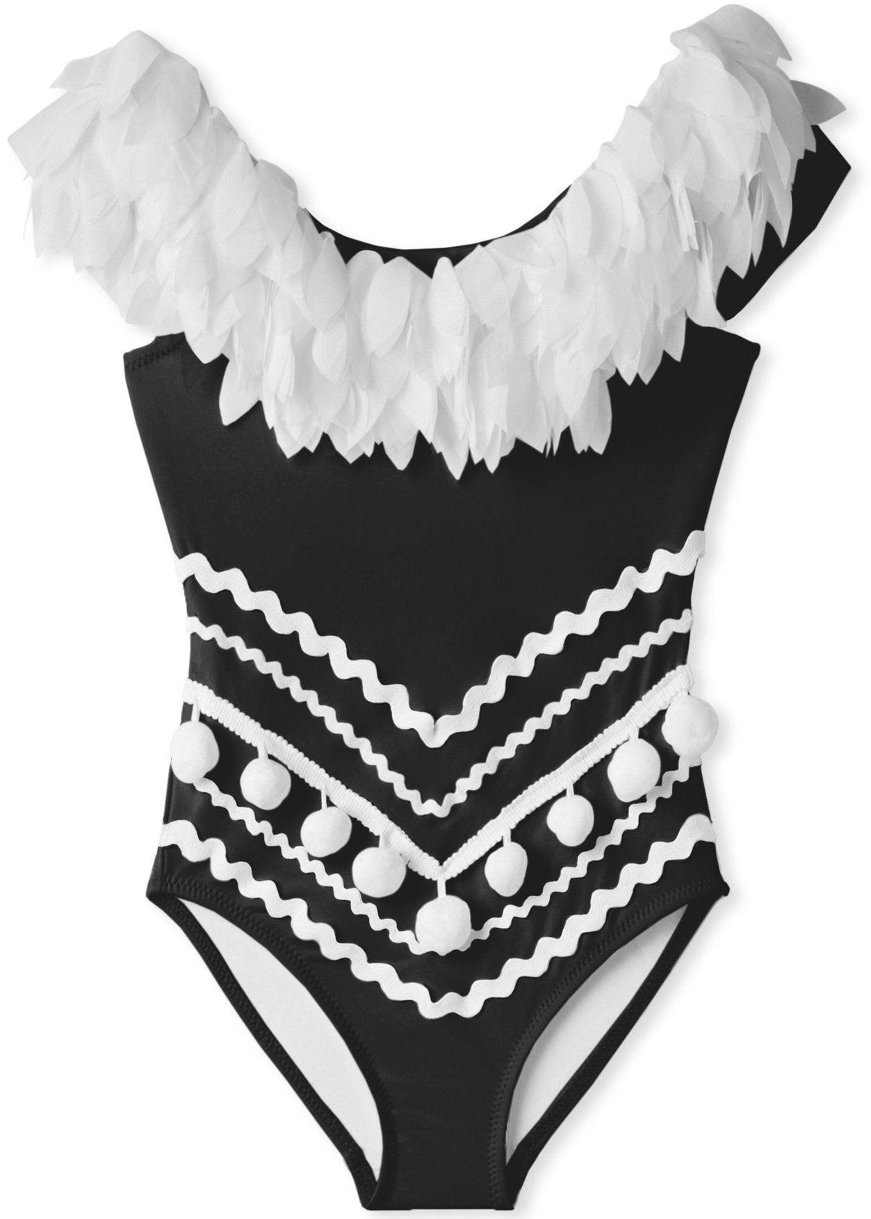 Black Draped Swimsuit with Petals & Pom Poms - ItemBear.com