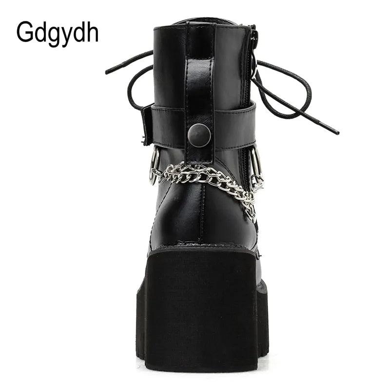 Chain Women Leather Autumn Boots Block Heel Gothic Black Punk Style Platform Shoes Female Footwear High Quality - ItemBear.com