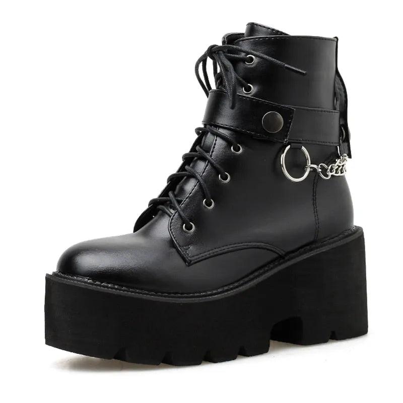 Chain Women Leather Autumn Boots Block Heel Gothic Black Punk Style Platform Shoes Female Footwear High Quality - ItemBear.com