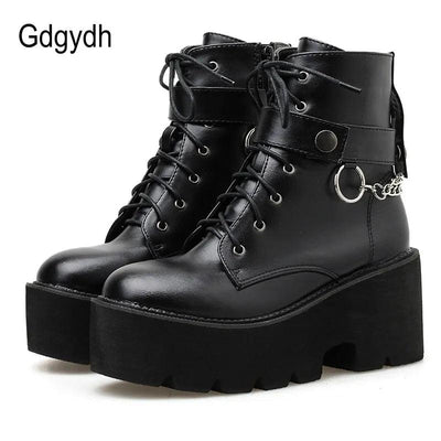 Chain Women Leather Autumn Boots Block Heel Gothic Black Punk Style Platform Shoes Female Footwear High Quality - ItemBear.com