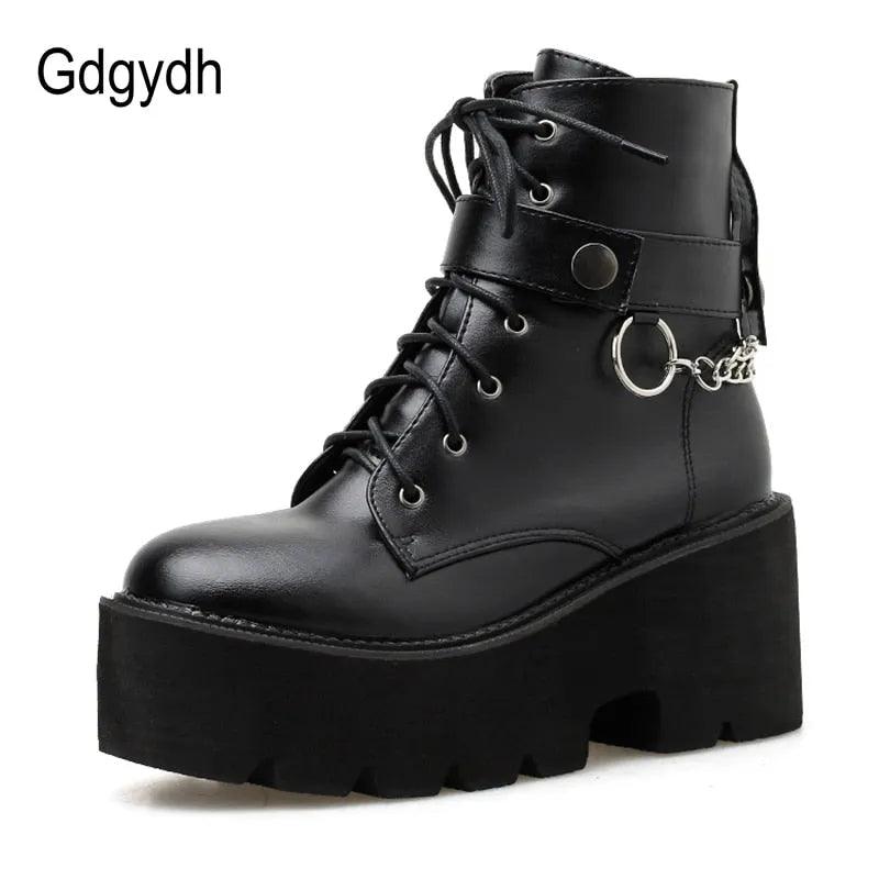 Chain Women Leather Autumn Boots Block Heel Gothic Black Punk Style Platform Shoes Female Footwear High Quality - ItemBear.com