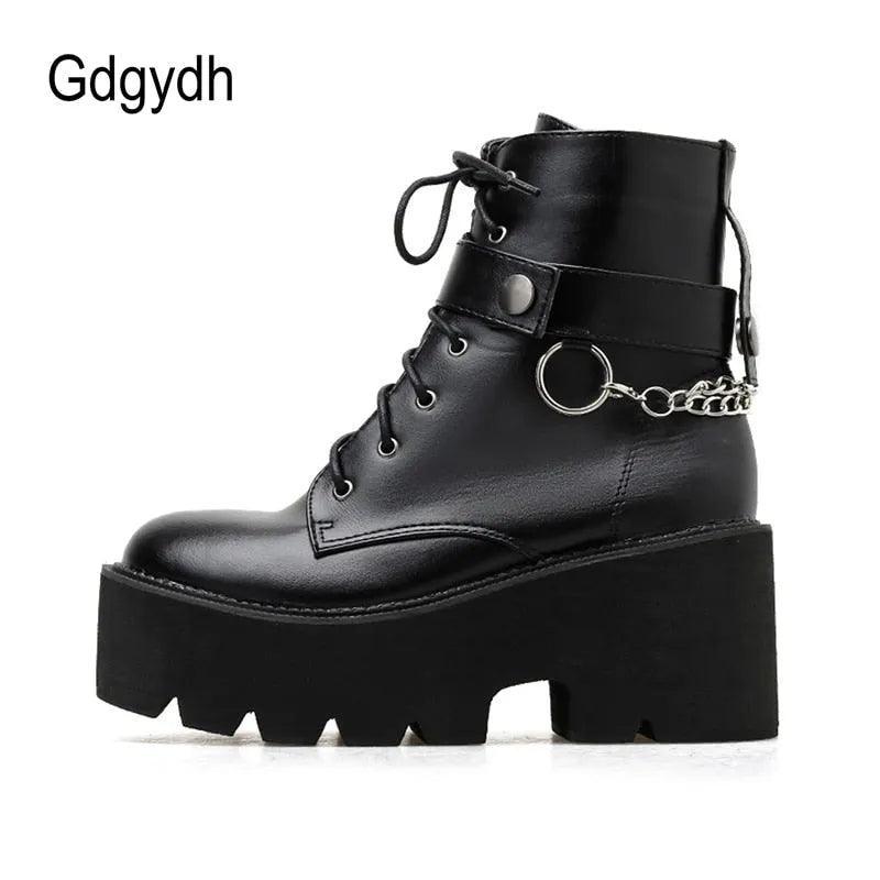 Chain Women Leather Autumn Boots Block Heel Gothic Black Punk Style Platform Shoes Female Footwear High Quality - ItemBear.com