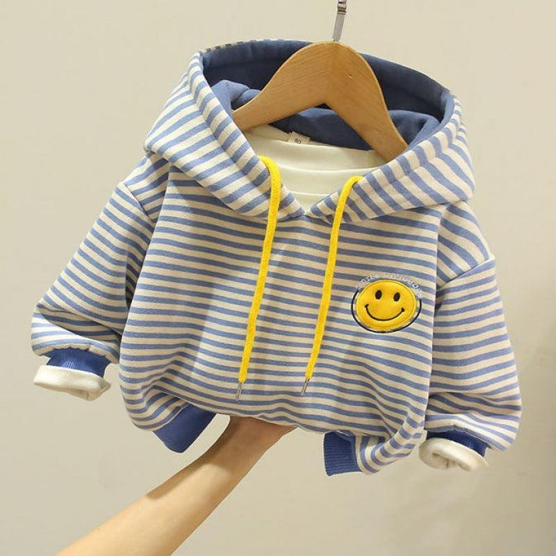Children's clothing boys fleece sweater autumn and winter new baby western style striped top loose all - match small and medium children's clothing trend - ItemBear.com