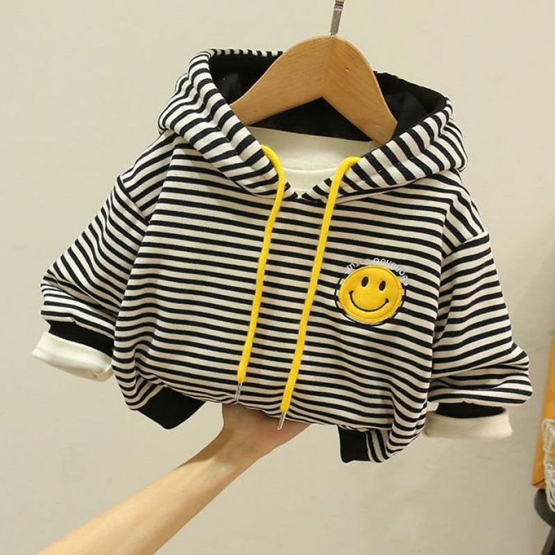 Children's clothing boys fleece sweater autumn and winter new baby western style striped top loose all - match small and medium children's clothing trend - ItemBear.com