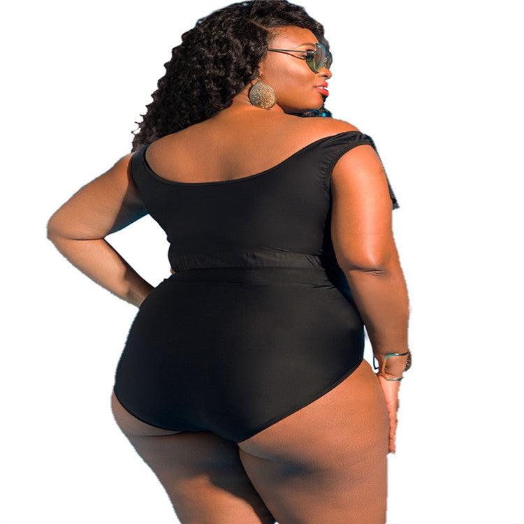 Cross - border new split swimsuit European and American ladies large size high waist print plus fat bikini one - shoulder multi - rope swimsuit - ItemBear.com