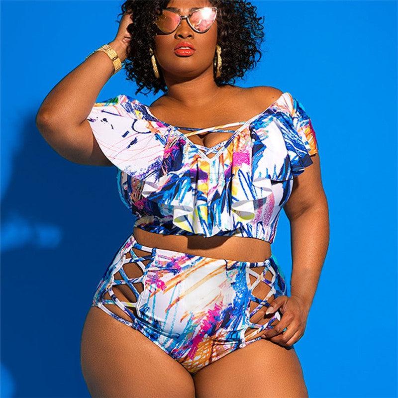 Cross - border new split swimsuit European and American ladies large size high waist print plus fat bikini one - shoulder multi - rope swimsuit - ItemBear.com