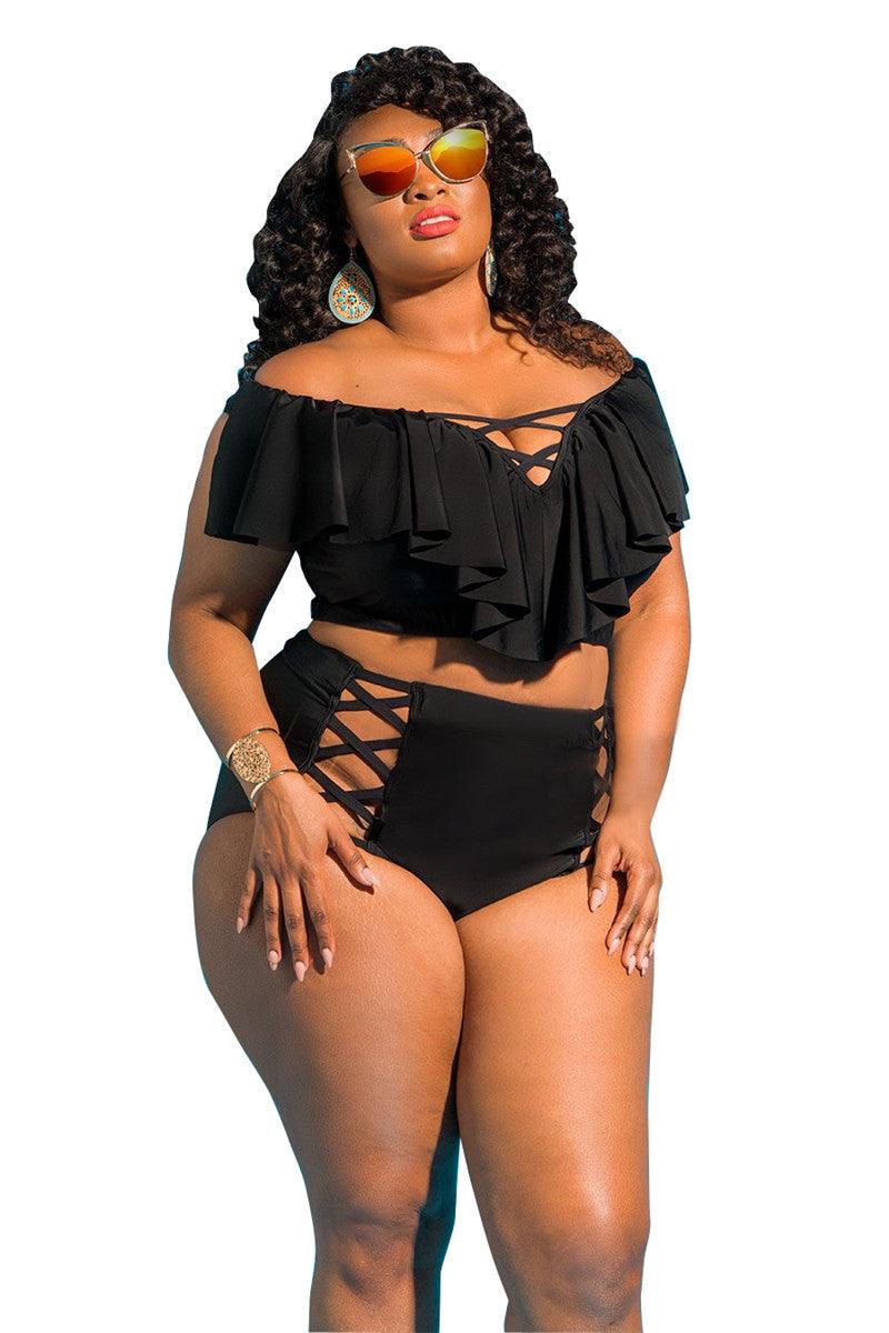 Cross - border new split swimsuit European and American ladies large size high waist print plus fat bikini one - shoulder multi - rope swimsuit - ItemBear.com