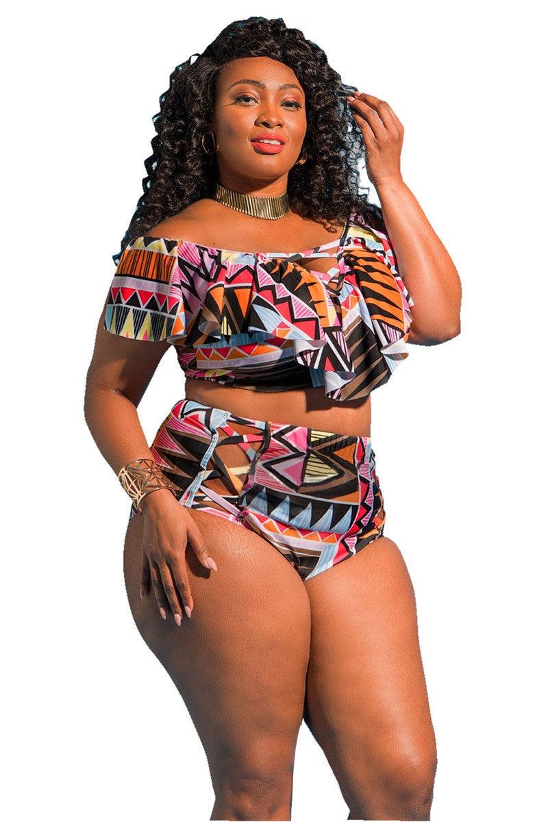 Cross - border new split swimsuit European and American ladies large size high waist print plus fat bikini one - shoulder multi - rope swimsuit - ItemBear.com