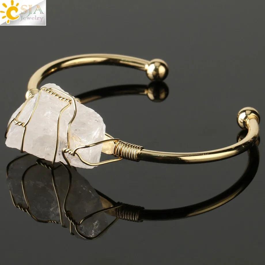 CSJA Natural Stone Bangles Cuff Copper Bracelets for Women Gold - Color Wire Wrap Irregular Crystal Quartz Girls Kids Jewelry G327 - ItemBear.com