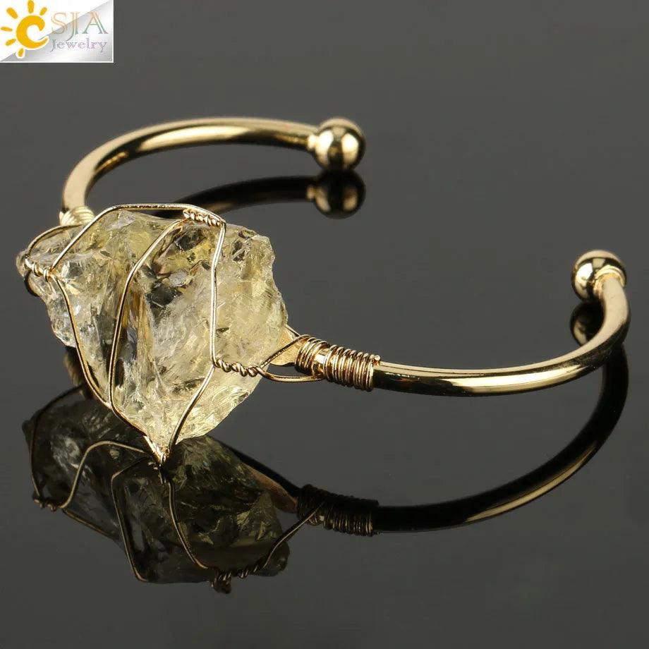 CSJA Natural Stone Bangles Cuff Copper Bracelets for Women Gold - Color Wire Wrap Irregular Crystal Quartz Girls Kids Jewelry G327 - ItemBear.com
